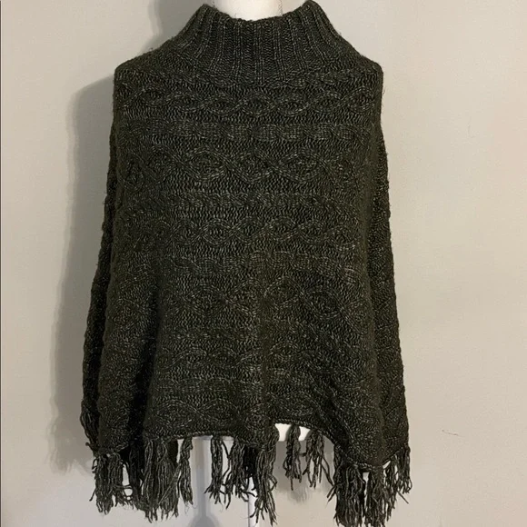 Boho Fringe Poncho Sweater Olive Green Turtleneck Cozy Oversized Cape - Picture 4 of 7